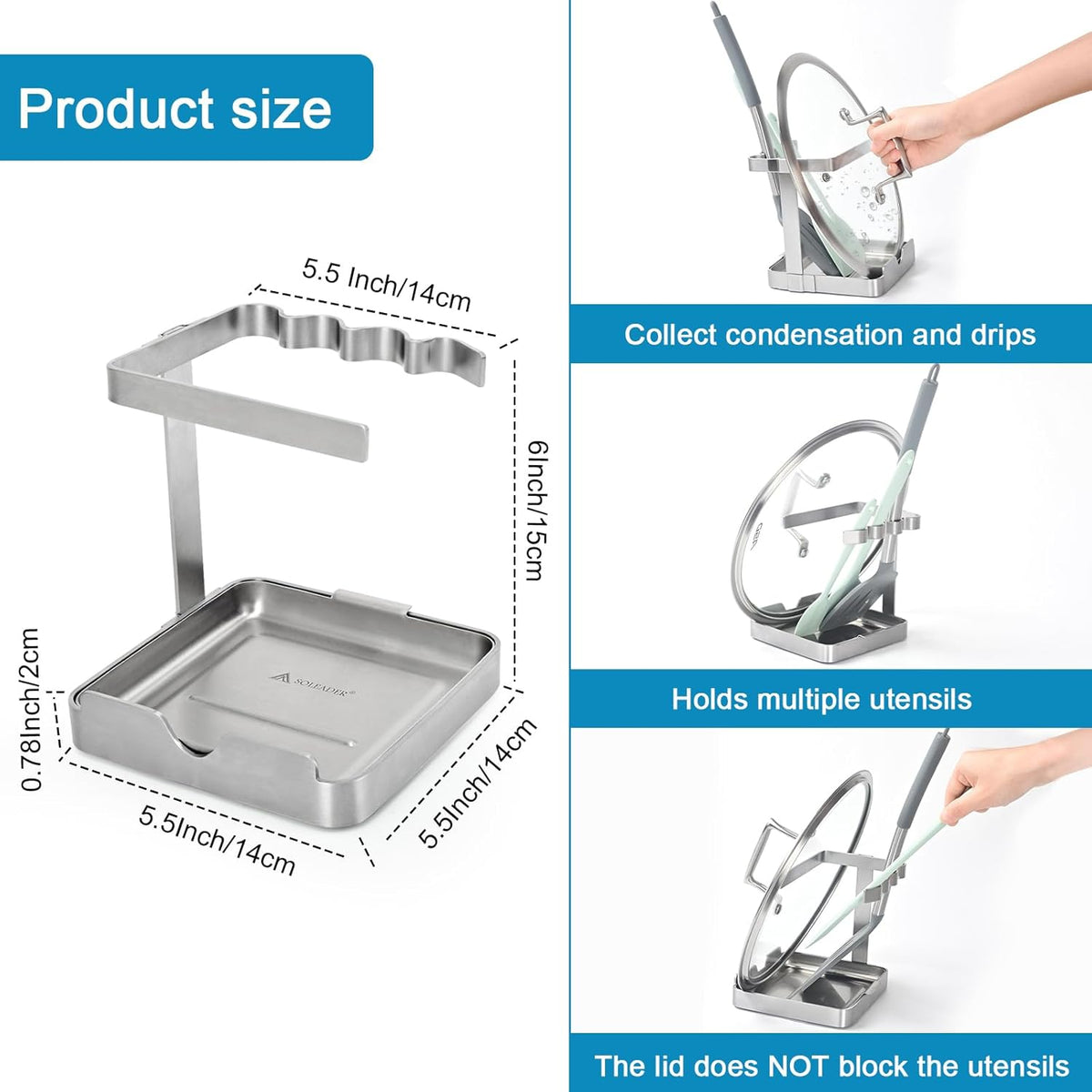 SOLEADER Vertical Spoon Rest and Lid Stand for Stove Top kitchen Utensils Pot Lid Holder and Organizer for Kitchen Counter Foodgrade Stainless Steel with Drip Tray and Handle