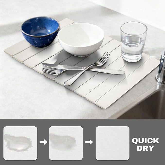 Large Stone Dish Drying Mats for Kitchen Counter , Quick Dry Absorbent Collapsible Dish Drying Mat With Rubber Sole, 23.4”(L)x15.4”(W) Diatomaceous Earth Mats for Dishes Bottles Cups