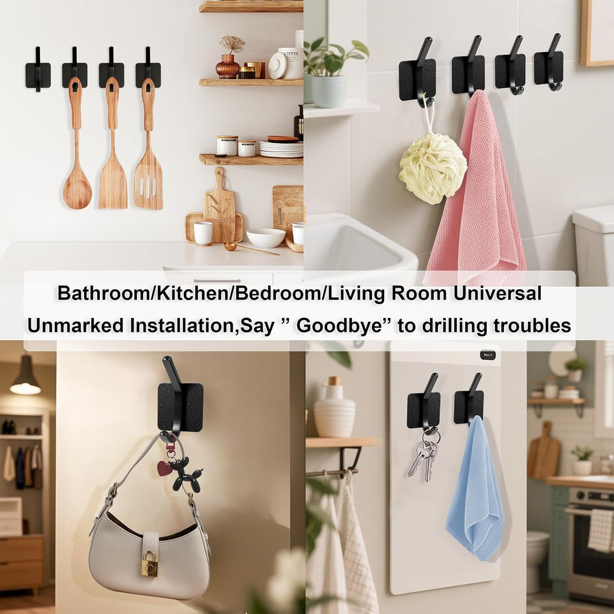 Aluminum Wall Hooks, No Drill Damage-Free Adhesive Hook, Product for Hanging Heavy Duty for Bathroom Kitchen Home (Double Square Black Hook, 4)