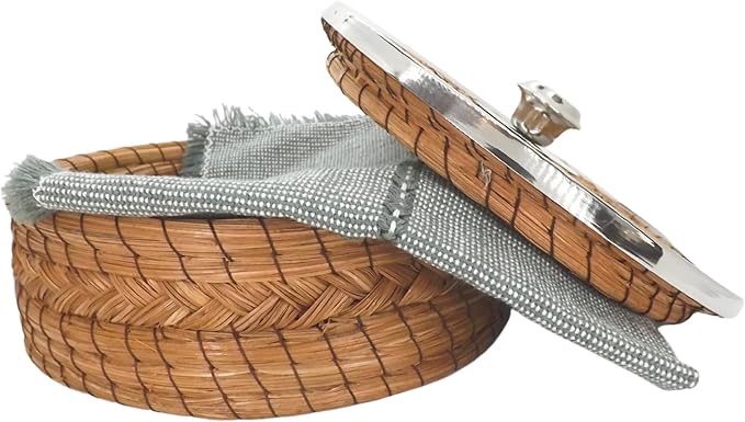 Authentic Mexican Tortilla Warmer Basket - Pine Needle Handwoven with Handloomed Cloth (7" Metal Rim w cloth)
