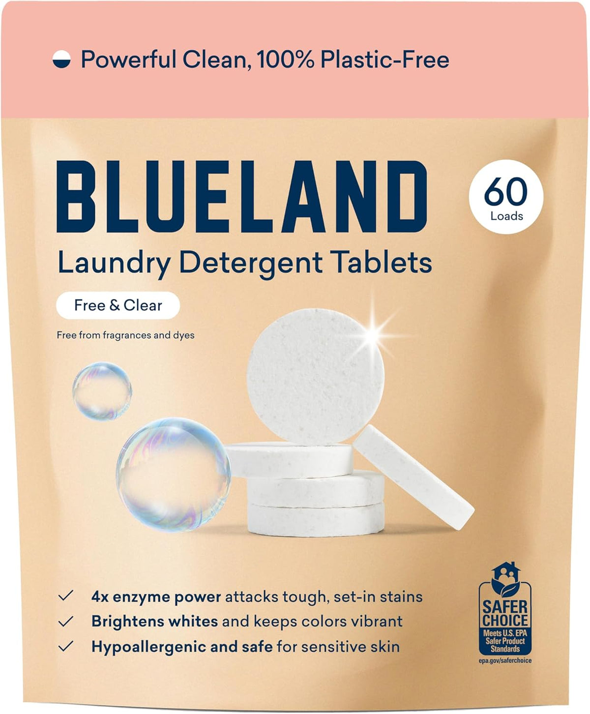 BLUELAND Laundry Detergent Tablets, 60 Count, Plastic-Free Eco-Friendly Pods, Sheets, Liquid Alternative - Fragrance Free and Clear, Natural, Gentle