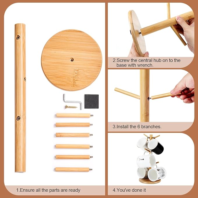 Bamboo Mug Tree Holder, Upgraded Screw Type 6 Hooks Coffee Mug Holders, Decorative Mug Racks for Counter, Non-Slip Coffee Mug Cup Trees