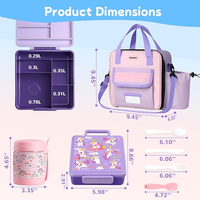 REDSHELL Bento Lunch Box for Kids Set, Leakproof Food Jar Pail with Insulated Bag, Toddler Snack Container Lunchbag for Girls Daycare, Back to School Lunchbox Kit, Includes Bottle Holder Strap, Purple