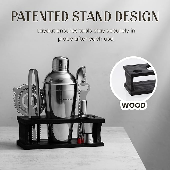 Modern Mixology Cocktail Shaker Set - Bartender Kit with Pine Stand | Leak-Proof Design | Includes Martini Shaker, Jigger, Strainer, Spoon, Tongs | Perfect Bar Tools Gift for Home Mixology (Silver)
