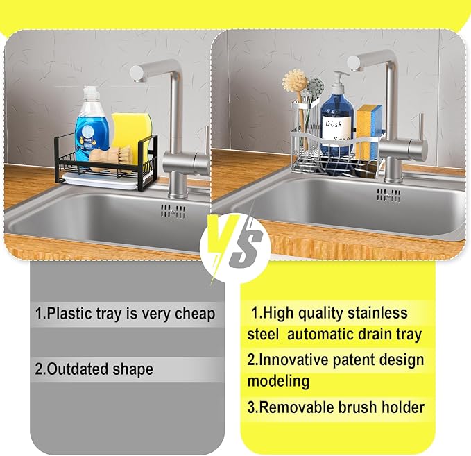 Maifan Sink Caddy Sponge Holder for Kitchen with Brush Holder and Stainless Steel Self Drain Tray, Rustproof Kitchen Sink Organizer for Sponge, Soap Dispenser Storage Accessories