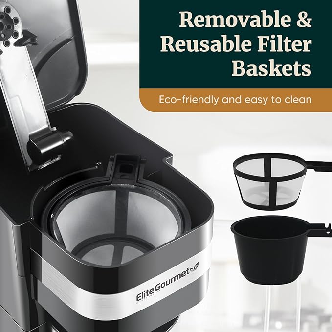 Elite Gourmet EHC113 Personal Single-Serve Compact Coffee Maker Brewer Includes 14Oz. Stainless Steel Interior Thermal Travel Mug, Compatible with Coffee Grounds, Reusable Filter, Black