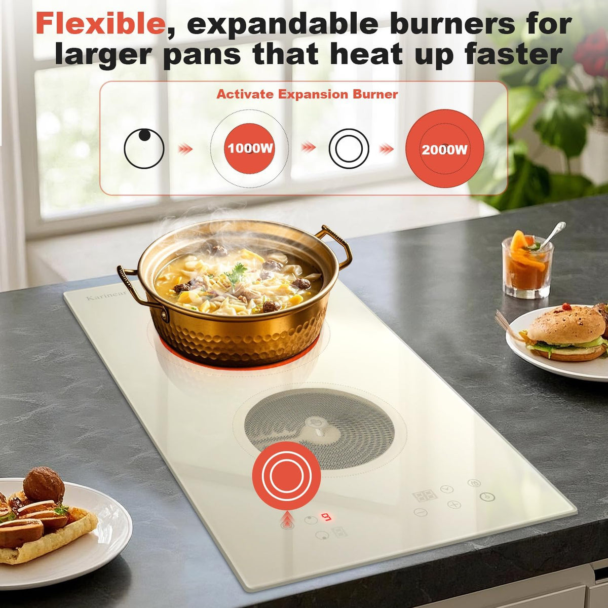 Karinear 2 Burners Electric Cooktop, Beige-gray Glass Electri Cermaic Stove, 12 Inch Built-in Electric Stove Top with Timer, Child Safety Lock, 9 Power Levels, 3200W, 220V-240V Hardwire(no plug)