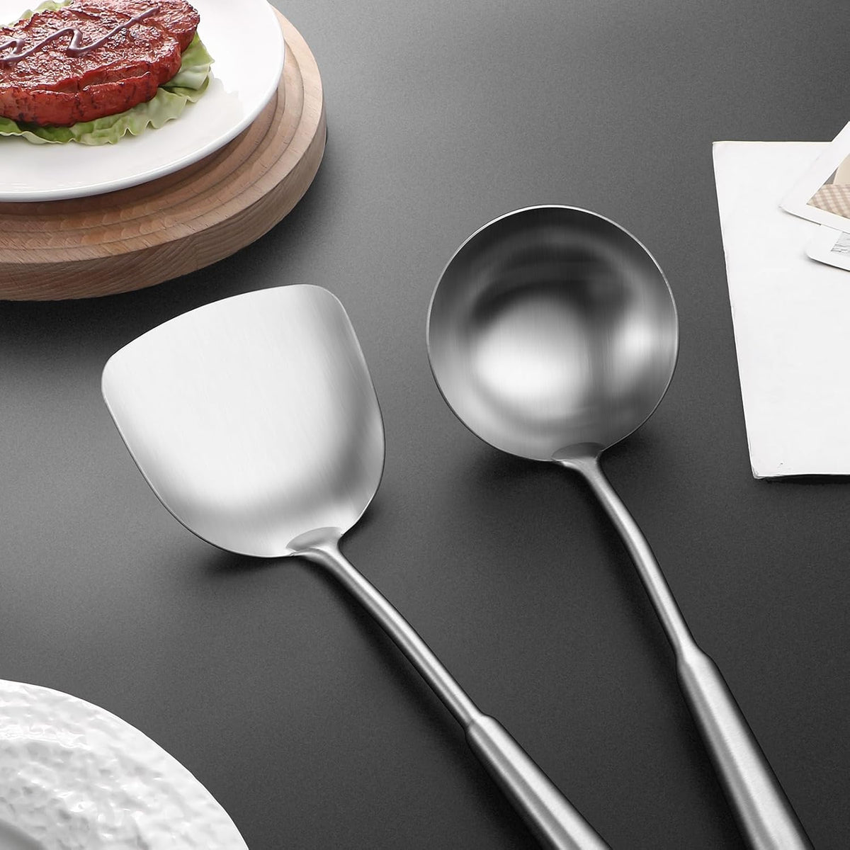 15" Wok Spatula and Ladle,Skimmer Spoon, Slotted Turner Spatula,304 Stainlss Steel Matte Kitchen Utensils Set,4PCS Wok Accessories,Cooking Utensils Tools