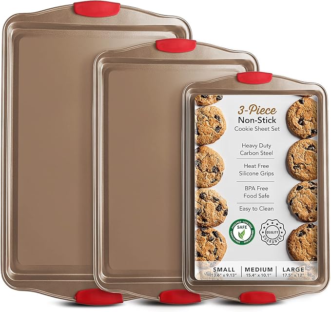 Baking Sheet Set, 3-Piece Cookie Sheet Set with Silicone Handles, Steel Baking Pans Set, Durable Baking Sheets for Oven, BPA Free Cookie Sheets for Baking Nonstick Set, Sheet Pan - Bronze Baking Pan