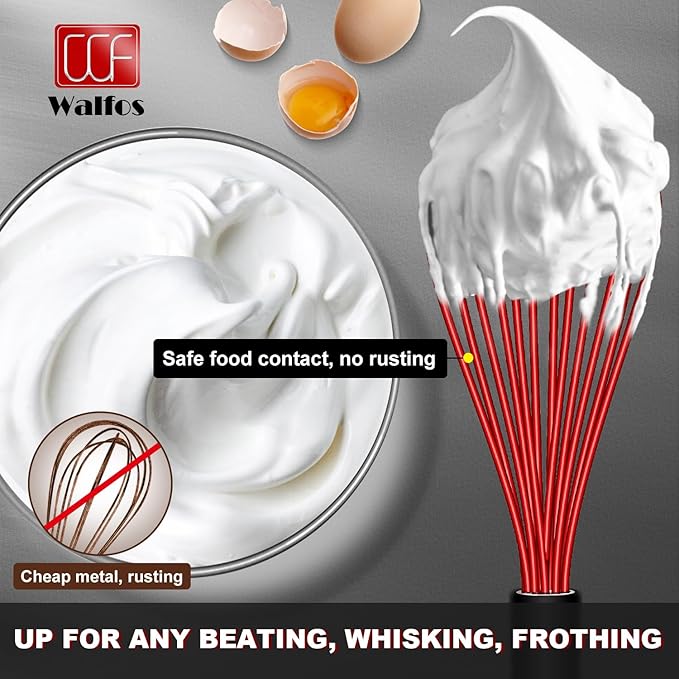 Walfos Silicone Whisks Set, 5pcs Whisk, Non Scratch Coated 7+9+11in Whisks and Mini stainless steel 7+5in Whisk, Suitable for Use in Whisking, Blending, Frothing, Beating & Stirring. (Multicolor)