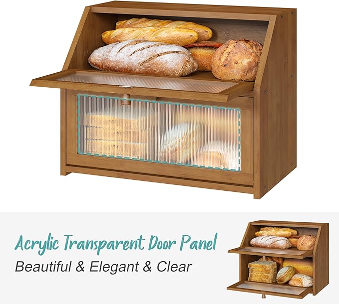 Bread Box for Kitchen Counter, Large Bamboo Wood Double Layer Bread Box, Wooden Bread Storage Capacity