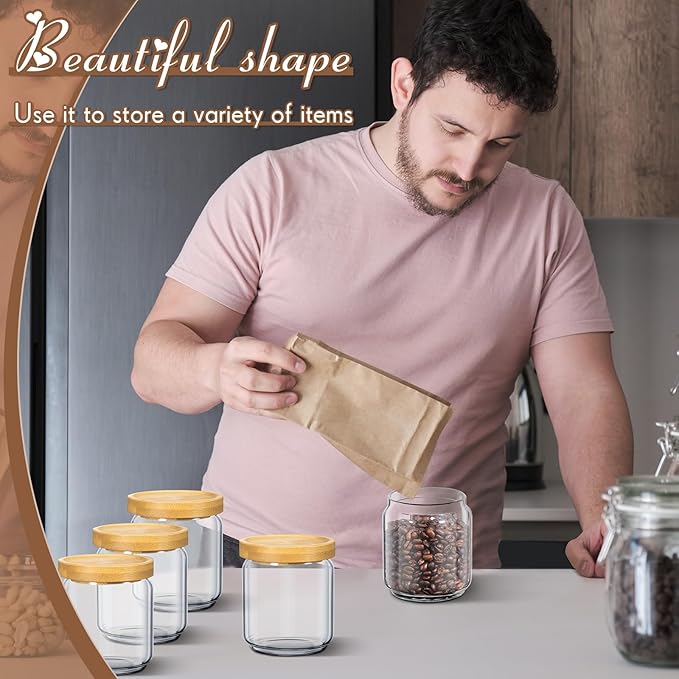 Irenare 1 Pack Glass Containers Canister Set, 17 oz Food Storage Spice Jars with Airtight Lids, Clear Kitchen Containers for Coffee Sugar Tea Beans Nuts Candy Pantry Organization (Bamboo)