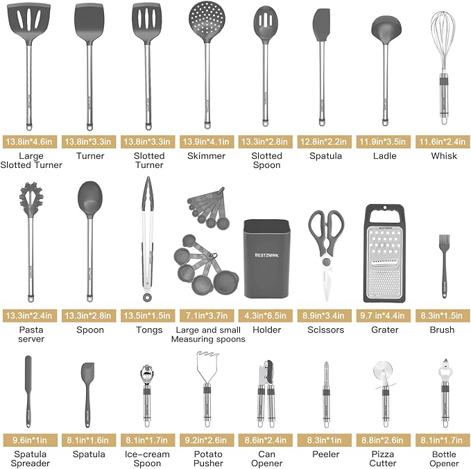 Kitchen Utensil Set-Silicone Cooking Utensils-33 Kitchen Gadgets & Spoons for Nonstick Cookware-Silicone and Stainless Steel Spatula Set-Best Kitchen Tools, Useful Pots (Grey)