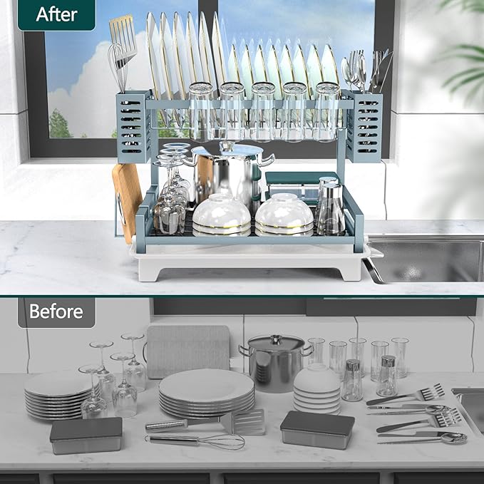 B-Land Dish Drying Rack, 2 Tier Dish Racks for Kitchen Counter, Large Dish Drying Rack with Drainboard & Utensil Holders, Rust-Proof Dish Drainers,Kitchen Organization