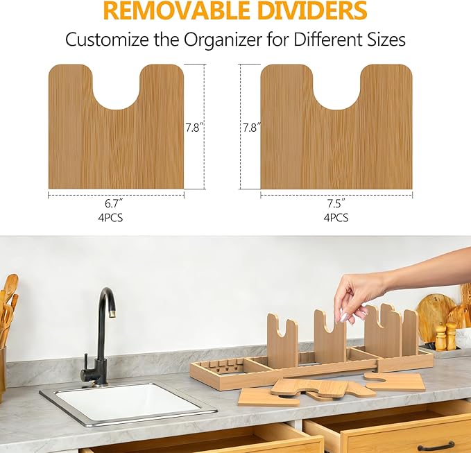 Expandable Pot Lid Organizer, Bamboo Pot and Pan Organizer for Under Cabinet, 16" to 28" Adjustable Length and 8pcs Dividers