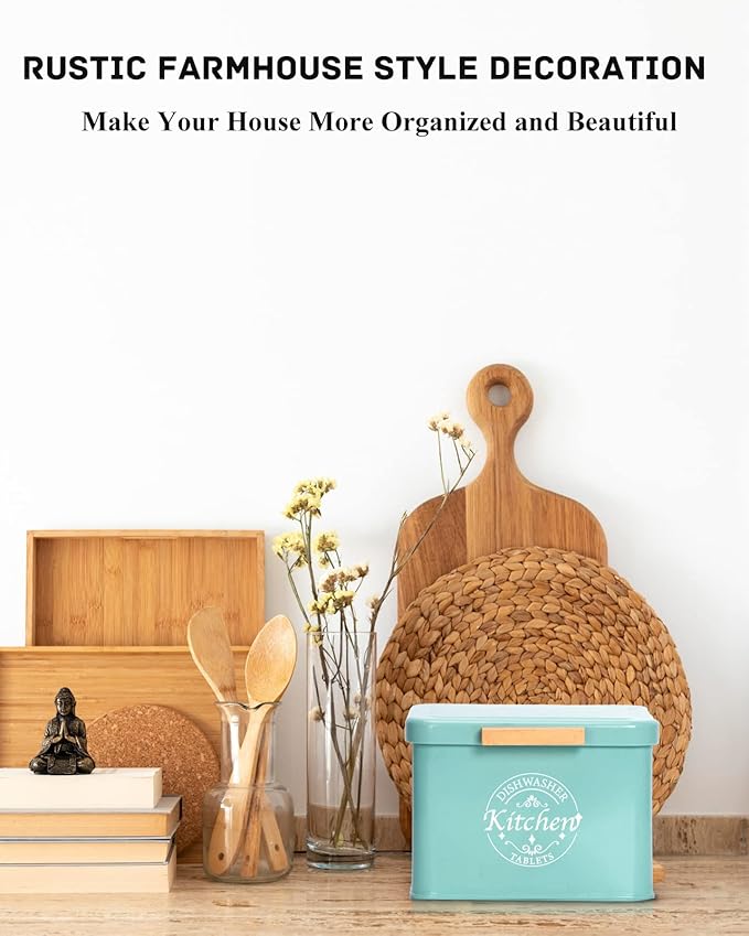 Dishwasher Pod Container with Hinged Lid. Farmhouse Metal Dishwaser Pods Holder for Kitchen Cabinet Organizer. Modern Kitchen Decor and Accessories. Dishwasher Detergent Tablet Storage (Green)