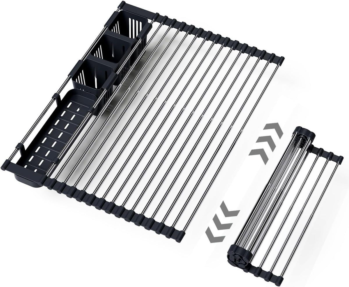 Expandable Over Sink Dish Drying Rack, Large Roll Up Dish Drying Rack with 2 Storage Baskets, Rolling Drain Mats for Kitchen Sink Counter, BPA-Free(12-22 * 15.3'', Black)