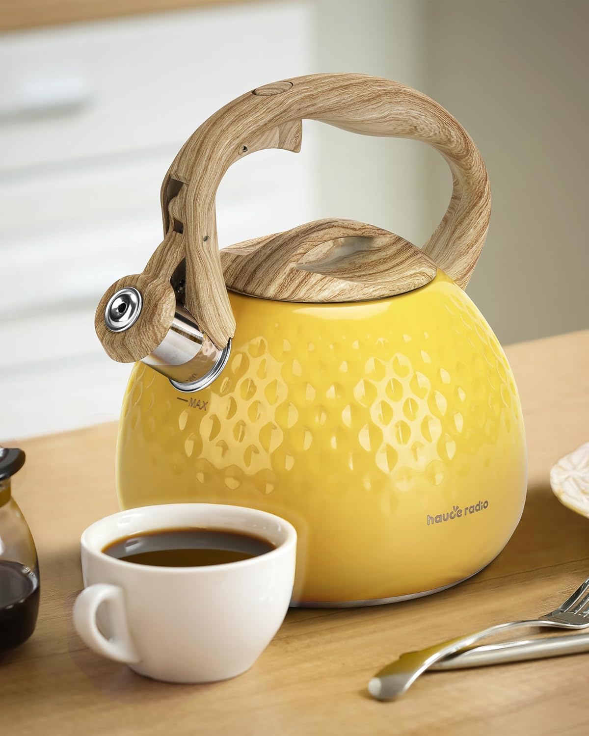 Tea Kettle, Stovetop Teapot, 2.5 Quart, Loud Whistle, Food Grade Stainless Steel and Smooth Wood Pattern Handle, Sophisticated Look for Hiking, Picnic, for Tea, Coffee, (Yellow)