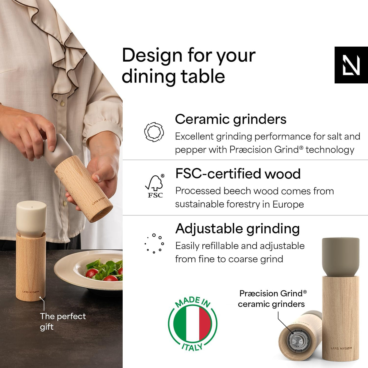 LARS NYSØM Wooden Salt and Pepper Grinder Set Manual - Salt and Pepper Mills with Adjustable Ceramic Grinder - Elegant Beechwood Pepper and Salt Mill Set for Dining Table (Taupe Brown)