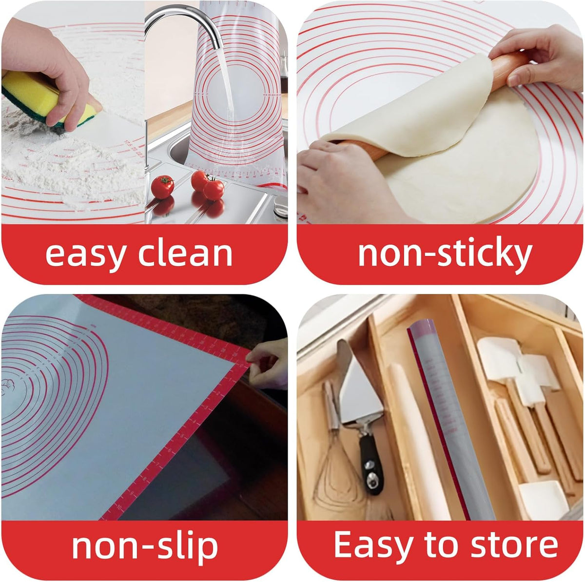 Dough Mat Silicone Baking Mats for Rolling Pastry Kneading Sheet Sourdough Bread Baking Supplies Red