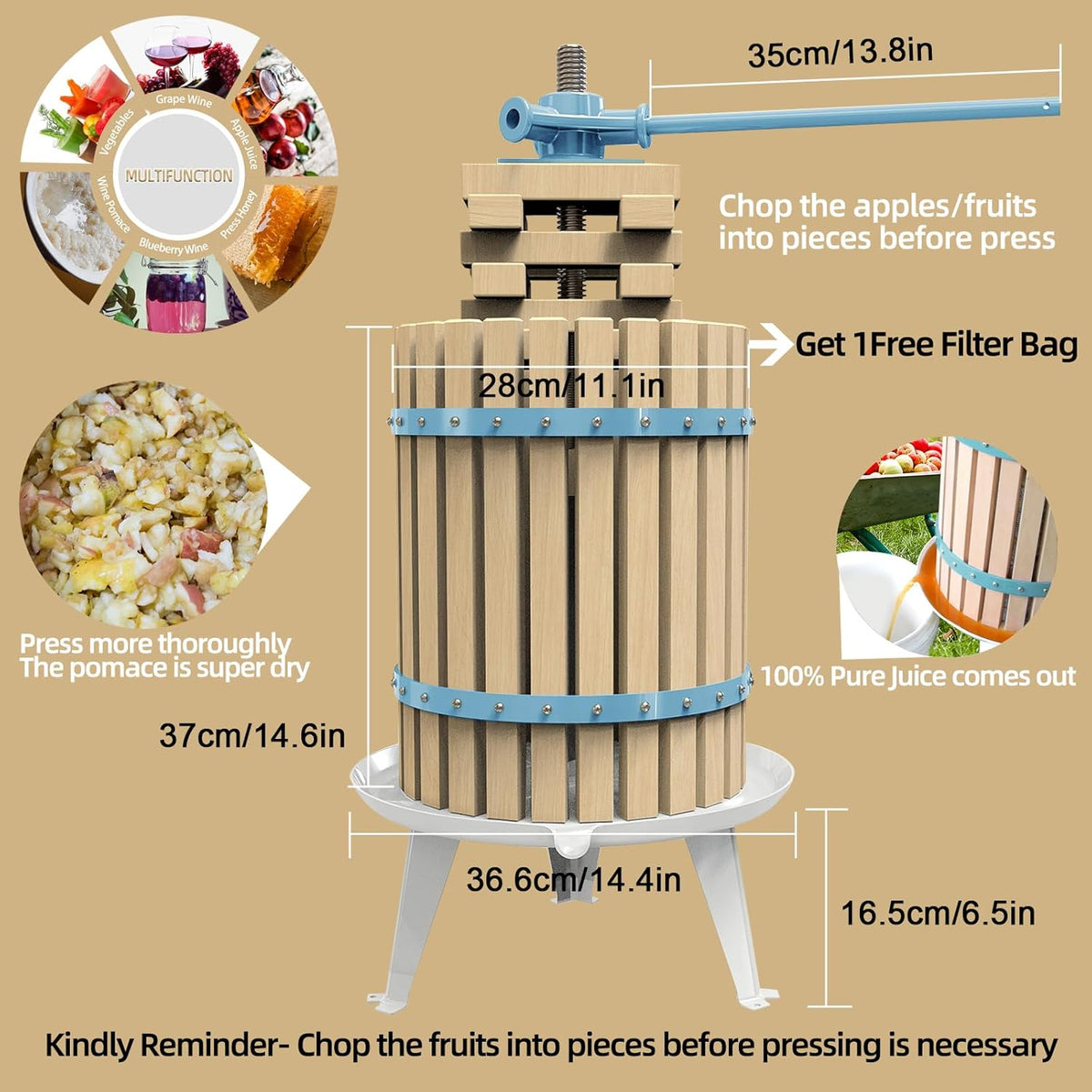 SQUEEZE master Fruit Apple Cider Wine Classic Press-Blue-4.75 Gallon/18L-Solid Wood Basket-Vintage traditional juicer-Pole Handle Bar for Juice,Wine,Cider-1 free filter bag included