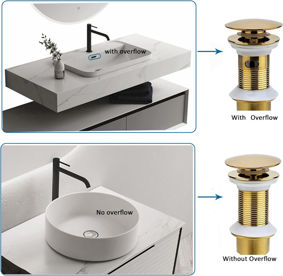 Bathroom Sink Drain, 2 Pack Gold Drain Stopper Bathroom Sink Without Overflow, Pop Up Drain Assembly with Detachable Strainer Basket, Built-in Anti-Clogging Strainer,Stainless Steel