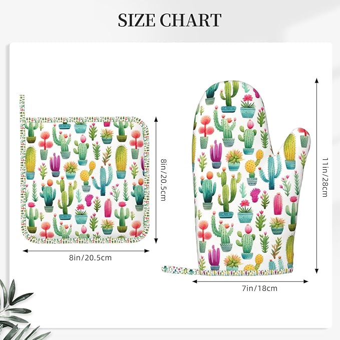 Oven Mitts and Pot Holders Set, Cactus Pattern Watercolor Silicone Kitchen Accessories 4 Piece Heat Resistant Long Gloves Potholder Non-Slip Grip for Chef Cooking Baking Grilling BBQ