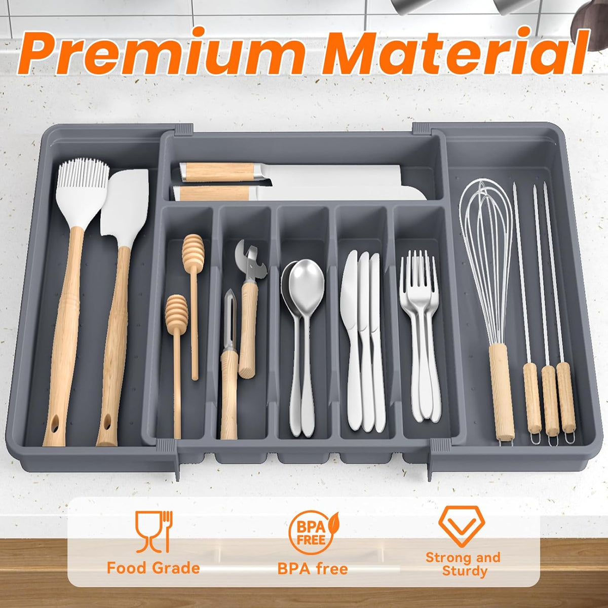 Large Silverware Organizer,Expandable Utensil Drawer Organizer,BPA Free Utensil Holder,Adjustable Silverware Tray Cutlery Drawer Organizer for Kitchen Flatware,Large,Grey (6-8 Slots)