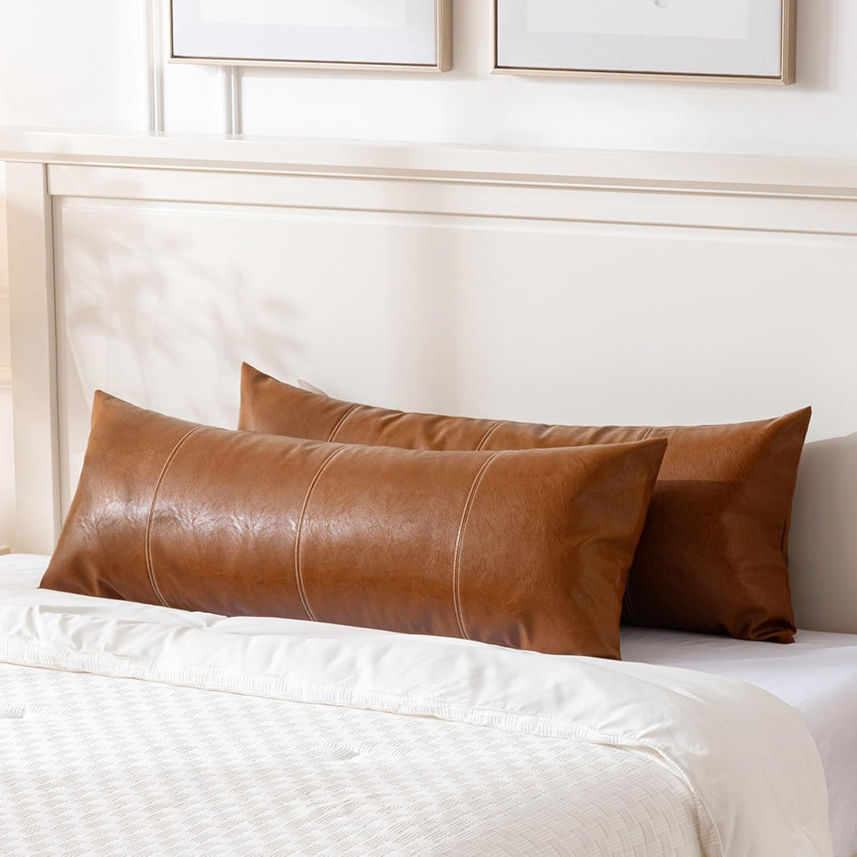 Fancy Homi Brown Boho Long Lumbar Faux Leather Body Decorative Throw Pillow Cover 21x54 Inch for Bedroom Couch Bed Sofa Bench, Hand Stitched Stylish Pillowcase, Rustic Modern Farmhouse Room Decor