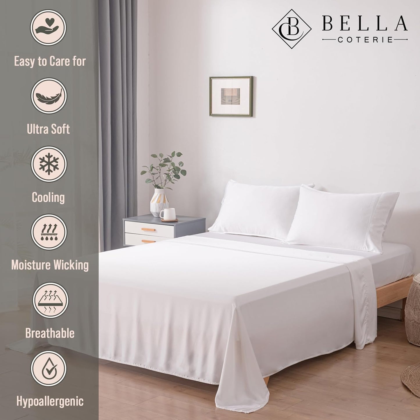 Bella Coterie Luxury Bamboo Viscose Full Size Sheet Set | 100% Organically Grown | Ultra Soft | Cooling for Hot Sleepers | 18" Deep Pocket [White]