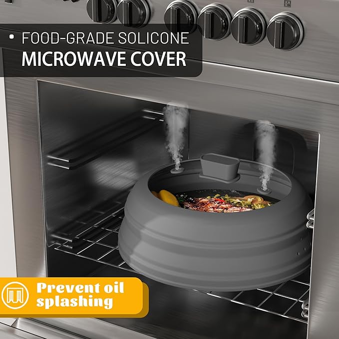 Microwave Splatter Cover, Vented Silicone and Glass Cover Splatter Guard Lid, Food Collapsible Plate Cover Lid with Easy Grip Handle. (Gray, 11.8 inch)