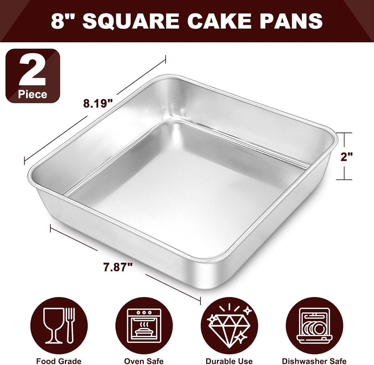 EWFEN 8 x 8 Inch Square Cake Pan, Stainless Steel Baking Pan for Lasagna Brownies Casseroles, Square Bakeware for Oven Cooking, Non-Toxic & Rust-resistant, Dishwasher Safe, 2 Pack