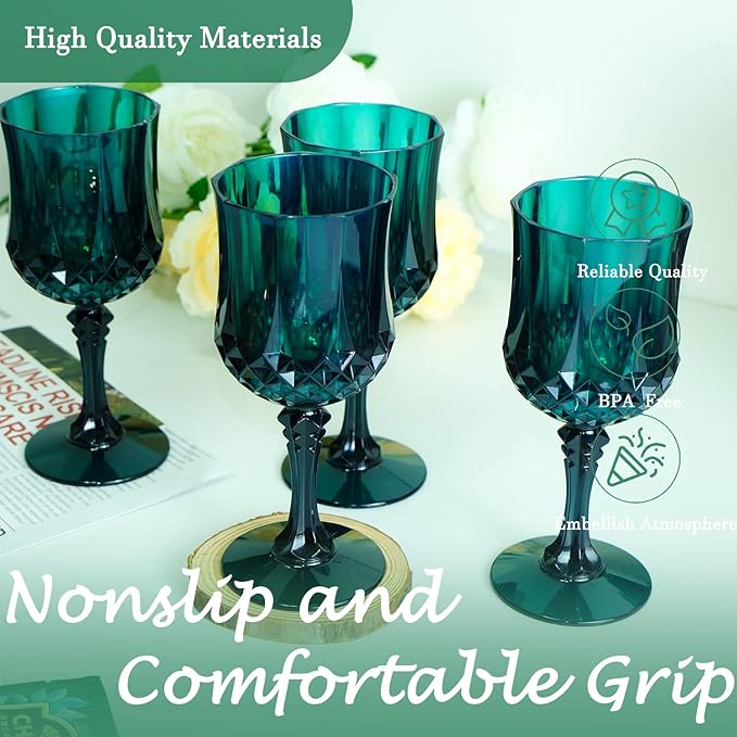 Plastic Wine Glasses, Plastic Goblets Vintage Style Cordial Unbreakable Drinking Glasses, Reusable Drinkware for Wedding Reception, Grand Event Party Supplies (24, Green)