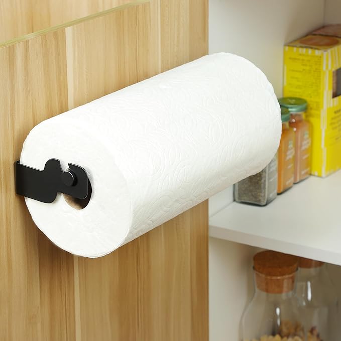 ZUNTO Black Paper Towel Holder Cabinet Door or Under Cabinet - Self Adhesive Big Roll Rack, Wall Mount Paper Towel Bar for Kitchen, Stainless Steel,