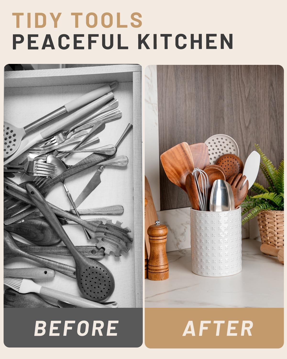 Nucookery 6.4'' Utensil Holder - Ceramic Utensil Holder for Kitchen Counter, Large Capacity Countertop Storage, Farmhouse Style Utensil Crock Organizer for Spoons, Spatulas & Cooking Tools