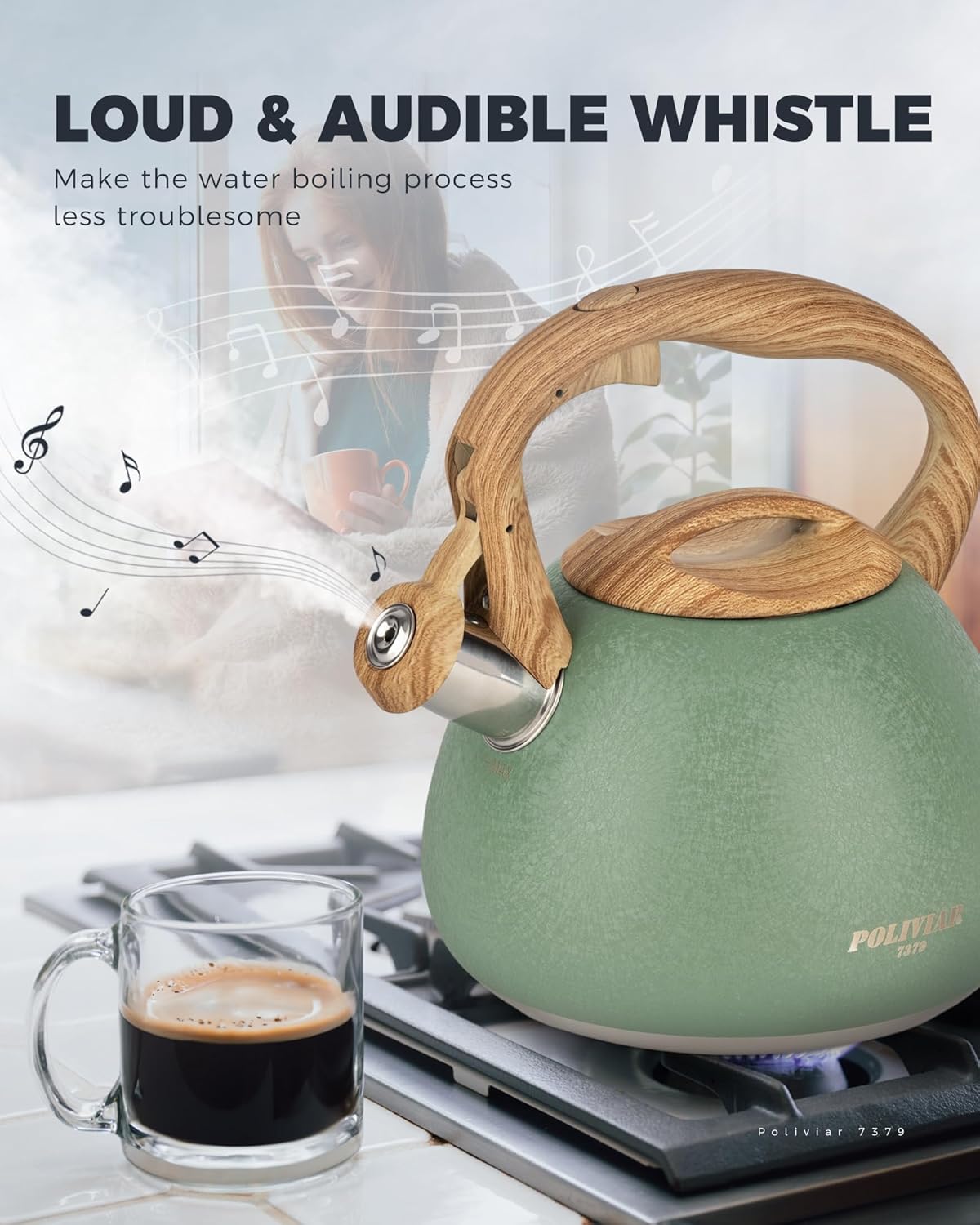 POLIVIAR Tea Kettle, 2.7 Quart Stovetop Tea Kettle, Audible Whistling Teapot with Crackle Finish, Food Grade Stainless Steel for Anti-Rust, Anti Hot Handle, Suitable for All Heat Sources (JX2023-LRG)