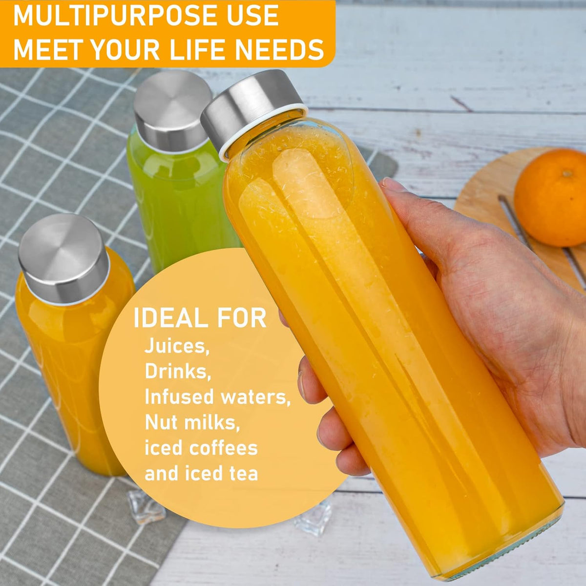 [12 Pack]18 oz Glass Water Bottles with Lids, Juice Bottles, Clear glass juice bottle for juicing, Eco-Friendly Reusable Glass Juicing Bottles with Stainless Steel Lid, BPA Free,Leak-Proof