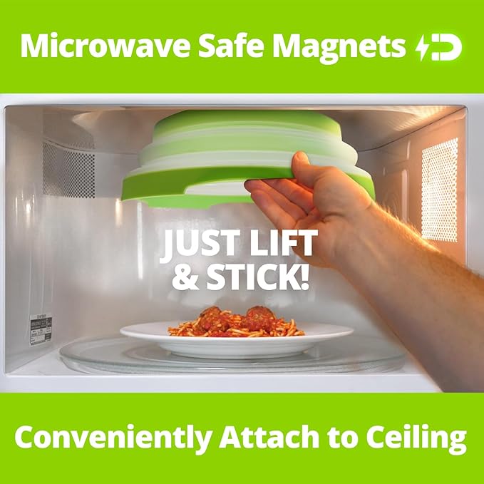 HOVER COVER Magnetic Microwave Splatter Cover with High Power, Strongest Magnetic Grip, Collapsible 12-Inch BPA-Free Food Lid, Vented Plate Guard, Dishwasher Safe, Space-Saving Storage - Green