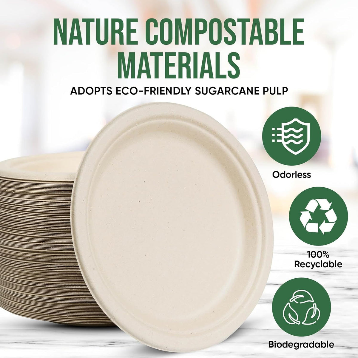 9 Inch Compostable Paper Plates (100 Pack) - Eco-Friendly Disposable Dinnerware for Parties, Microwavable & Water/Oil Resistant - 100% Biodegradable Heavy Duty Brown Plates for Events, Picnics