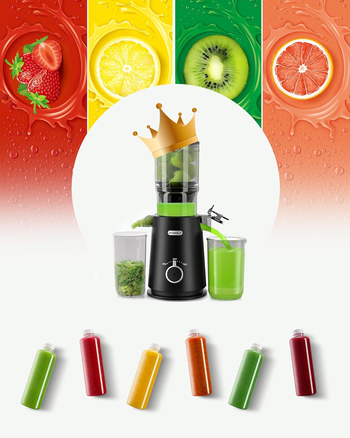Cold Press Juicer, ECOSELF Juicer Machines with Large Feed Chute for Family Needs, Hands Free For Whole Fruits & Vegetables, Self Feeding for Juice Extractor Machine, Easy to Clean