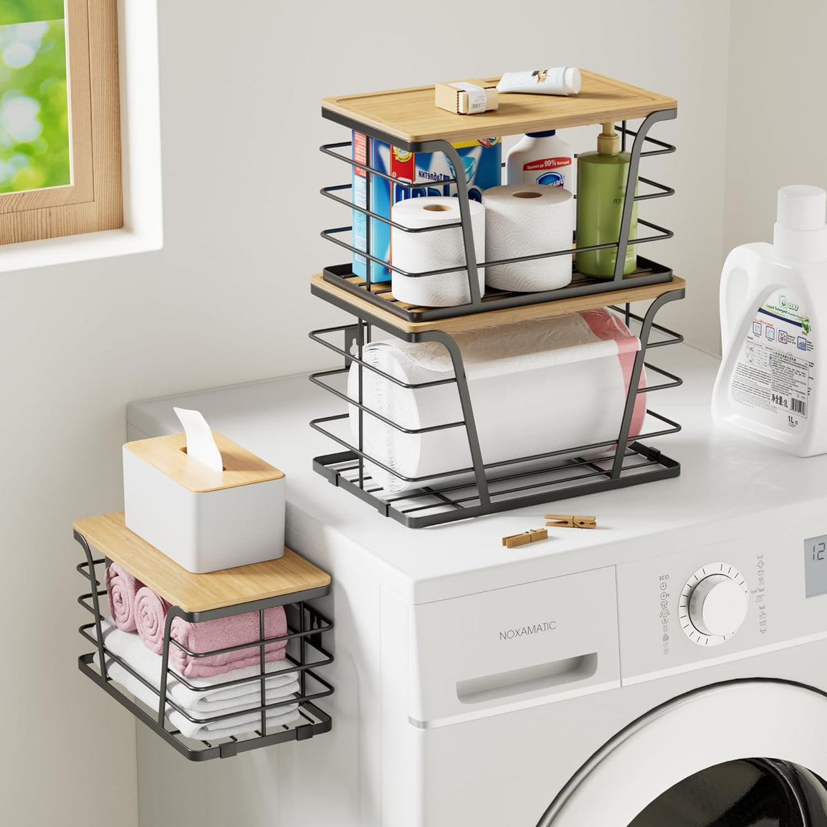 3 Pack Stackable Pantry Organizer, Trash Bag Dispenser Under Sink, Kitchen Organization and Storage, Kitchen Counter Organizer, Black