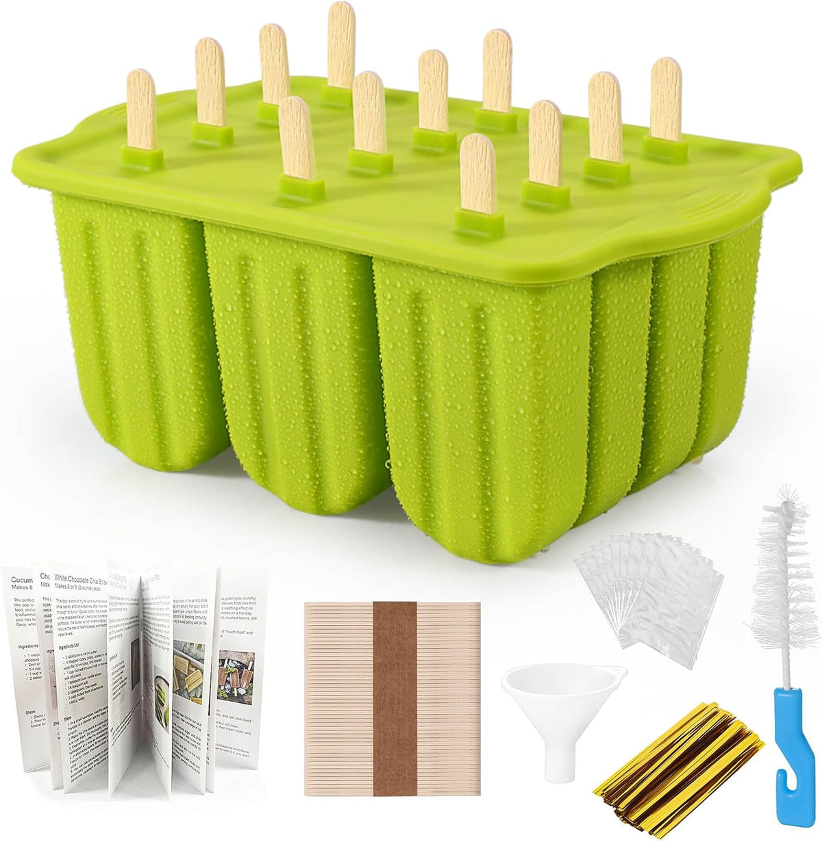 Silicone Popsicles Molds,Ice Pop Cream Mold Set Homemade Toddler Popsicle Maker For Kids Para Paletas De Helado Kulfi BPA Free, with 50 Sticks, 50 Bags,50 wire Ties (Green)