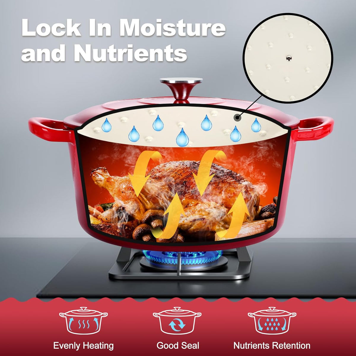 P&P CHEF 5QT Enameled Dutch Oven, Cast Iron Dutch Oven Pot with Lid for Bread Baking, Enameled Casserole Pot for Roasting Braising Stewing Frying Simmering, Various Stoves & Easy Clean, Red