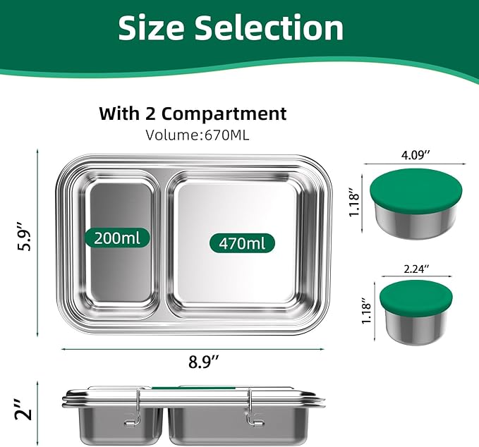 Stainless Steel Bento Box for Adults, 22.6 oz Compact 2-Compartment Metal Lunch Box with 2 Containers, BPA-Free Portion Control Food Container for Work and Travel, Dishwasher Safe(Green)