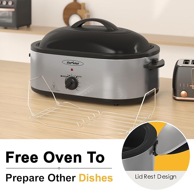 Sunvivi 22lb 18-Quart Roaster Oven, Electric Roaster Oven with Self-Basting Lid, Turkey Roaster with Unique Defrost/Warm Function, Large Roaster with Removable Pan & Rack, Stainless Steel, Silver