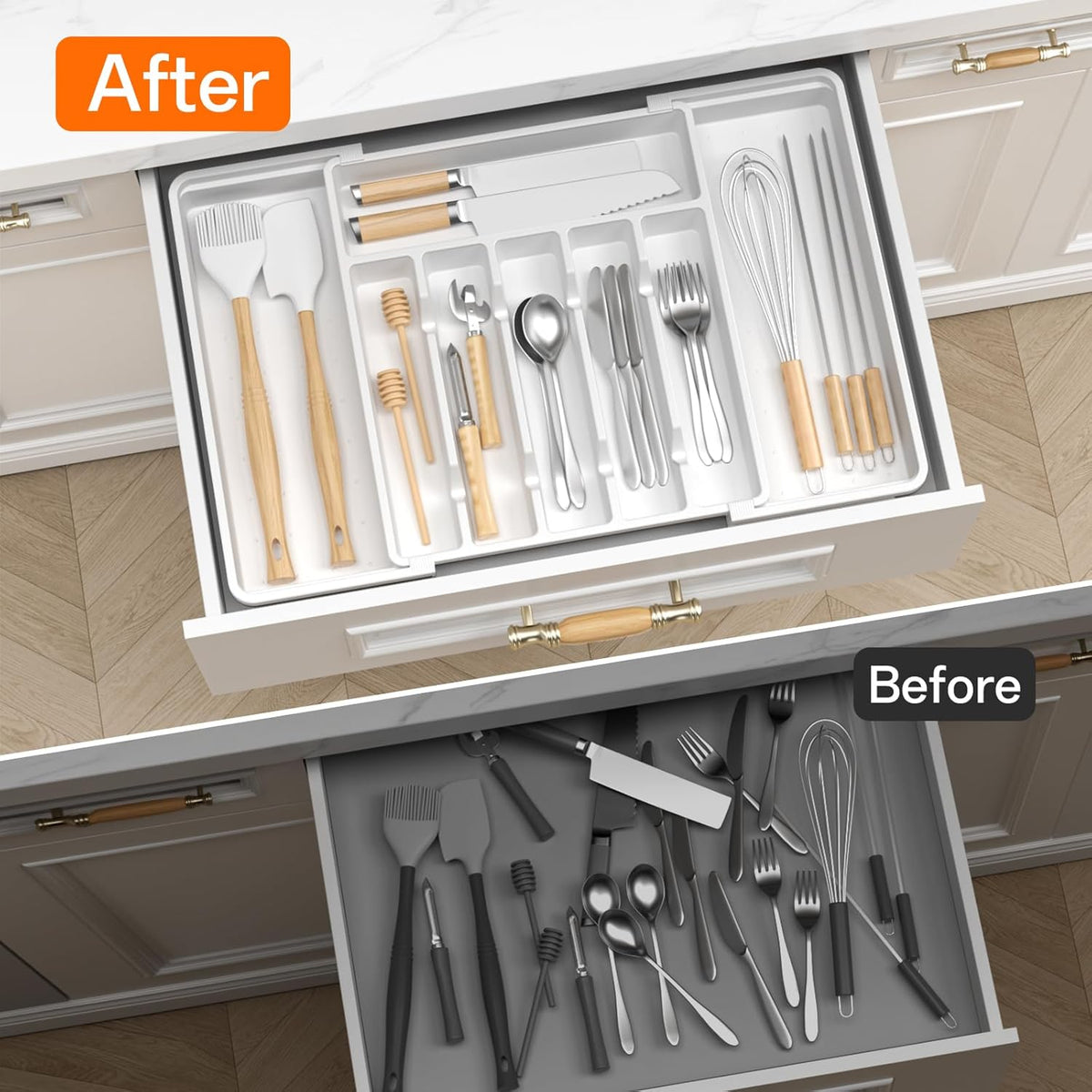 Large Silverware Organizer,Expandable Utensil Drawer Organizer,BPA Free Utensil Holder,Adjustable Silverware Tray Cutlery Drawer Organizer for Kitchen Flatware,Large,White,2 Pack