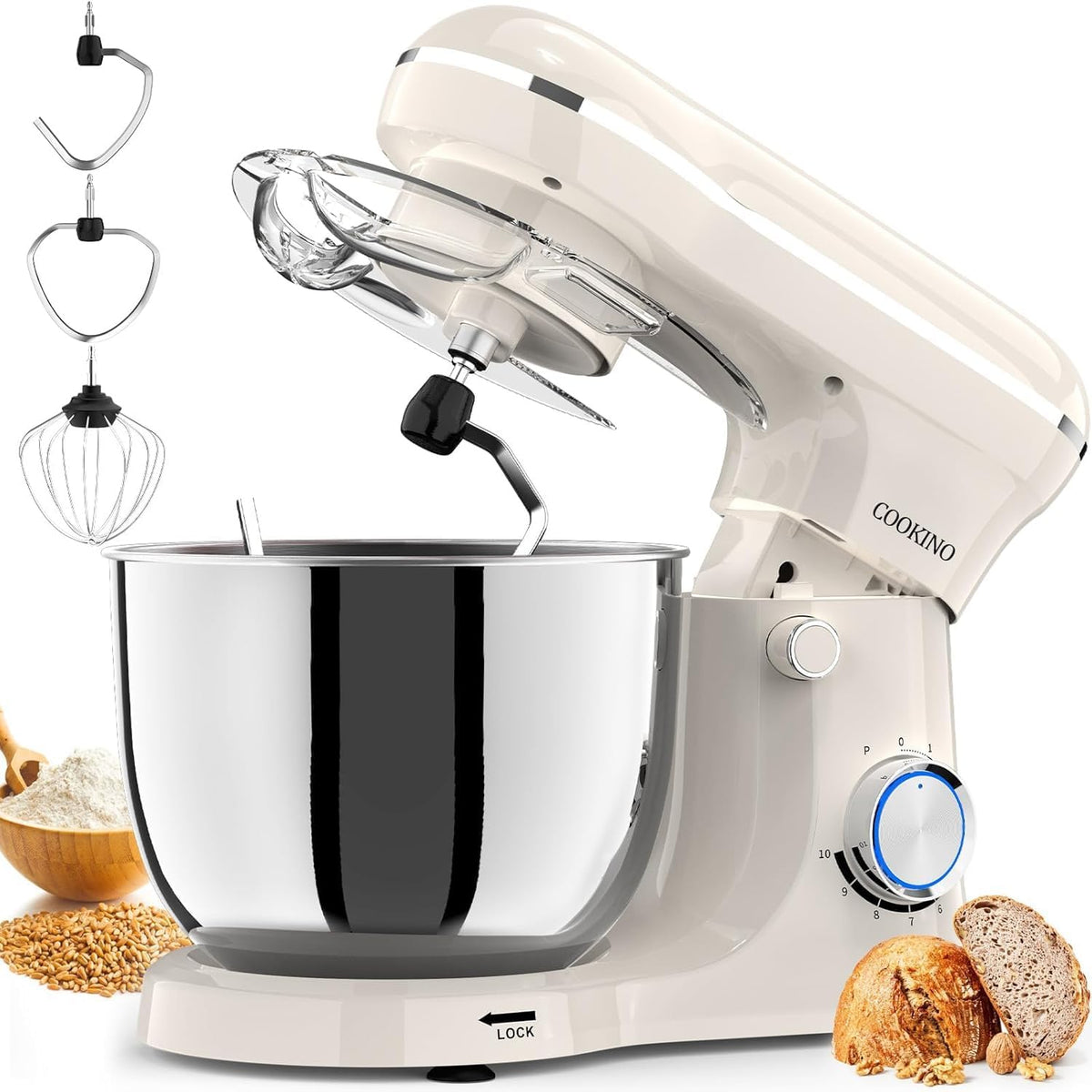 Electric Stand Mixer,10 Speeds Tilt-Head Food Mixer, 3-IN-1 Kitchen Mixer for Daily Cooks with Dishwasher-Safe 6.5 QT Bowl,Dough Hook, Beater, Whisk (Almond Cream)