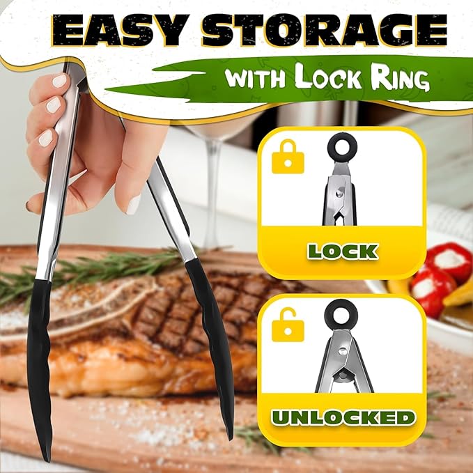 3Pcs Kitchen Tongs with Silicone Tips - Tong Set 7/9/12" | Silicone Tongs for Cooking Heat Resistant, High Temperature, Non Stick, Built-In Lock Ring - Stainless Steel Kitchen Utensils for Cooking