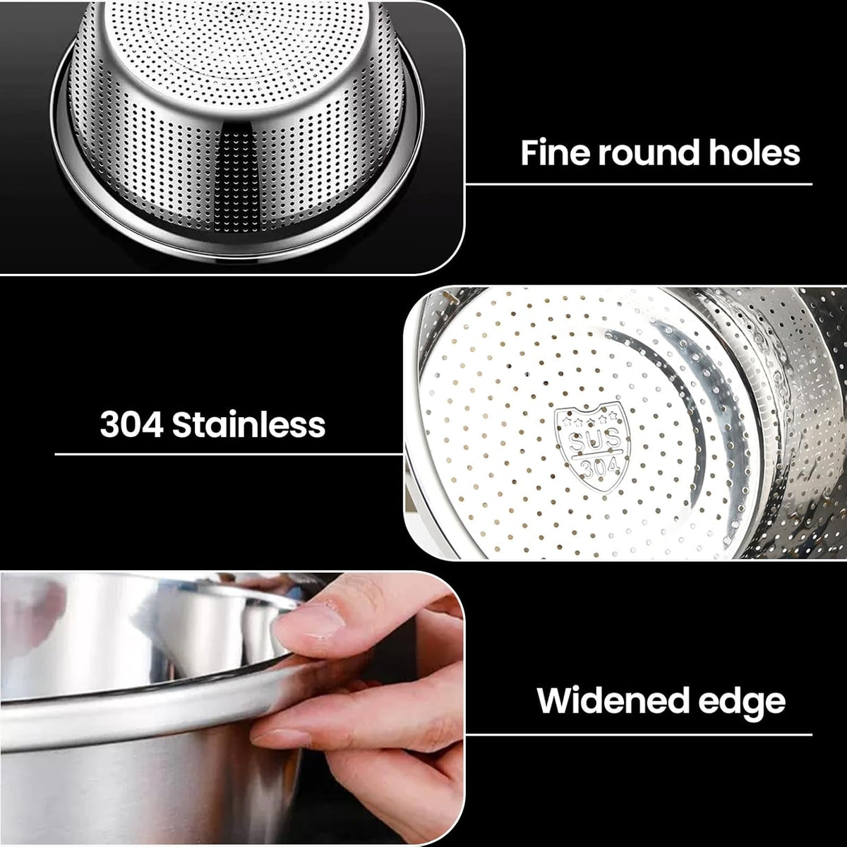 304 Stainless Steel Rice Strainer - Microporous ColanderBeans Washer Strainers And Colanders - Washing Bowl for Fruit Washing Bowl With Strainer (2QT)
