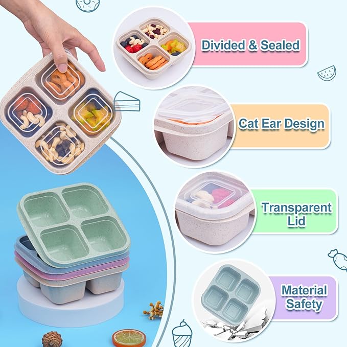 4 Pack Snack Containers, 4 Compartments Snack Box Containers with Lids, Reusable Meal Prep Lunchable Container for Adults, Microwave Dishwasher Safe, Divided Food Storage Containers for Work Travel